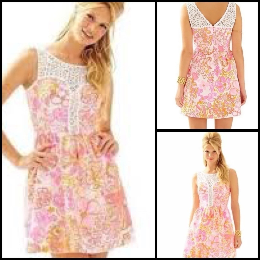 Lilly Pulitzer Reagan Happiness Pink Tropical Babydoll Fit Flare Dress Pockets 8 - Picture 2 of 15